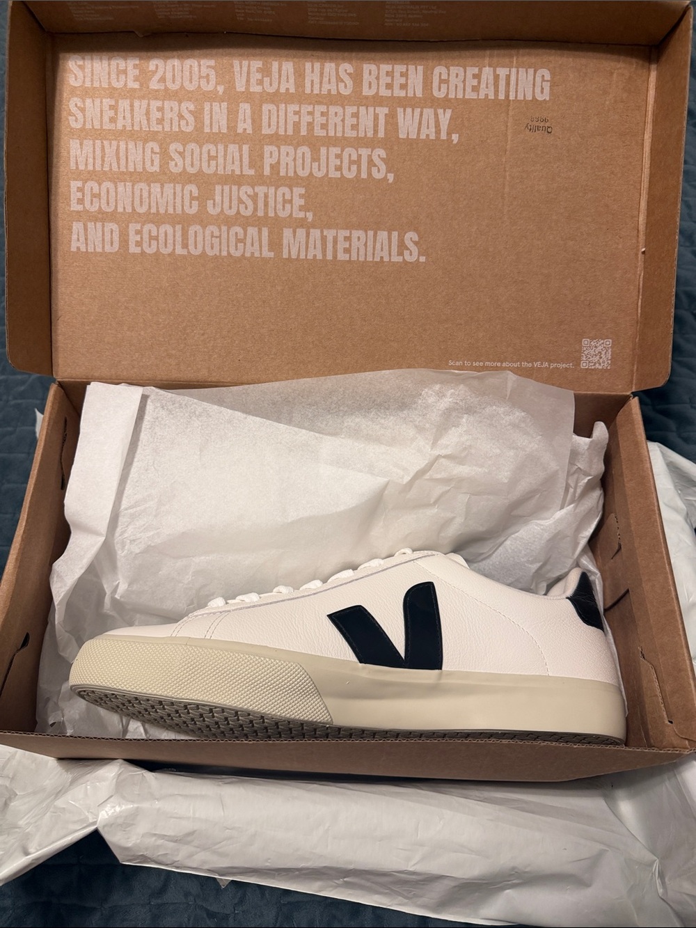 Veja Unisex White Leather Sneaker with Black V